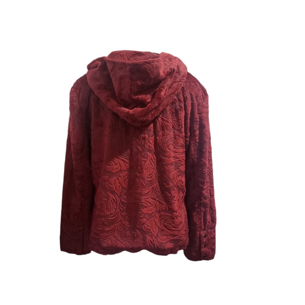 CT1932 Ethyl Red Faux Fur Floral Zip Front Hoodie M - Picture 6 of 9